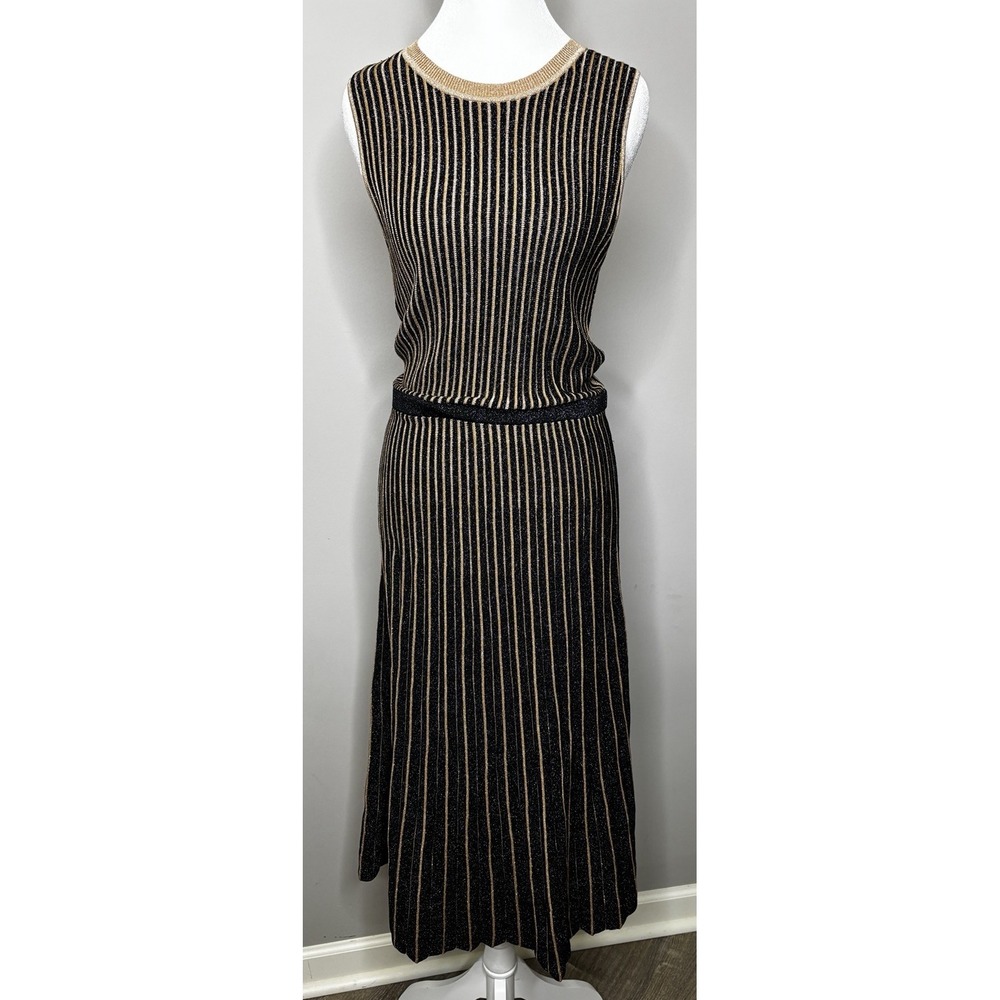 Banana Republic Knit Sleeveless Stripe Metallic Dress Blue Gold A Line Pleated M